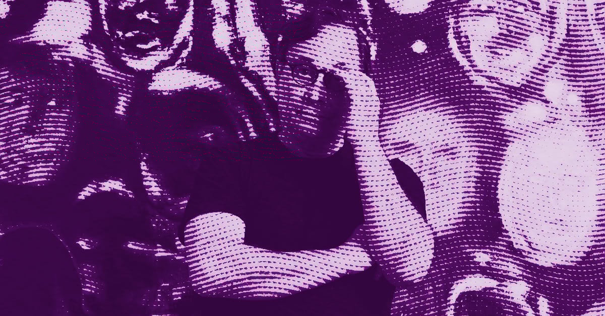 A stylized, purple-toned image of Ross Bleckner resting his head on his hand, surrounded by abstract, halftone patterns and partially visible painted faces in the background. The image has a textured, layered effect. © Illustration by ArtCritic.