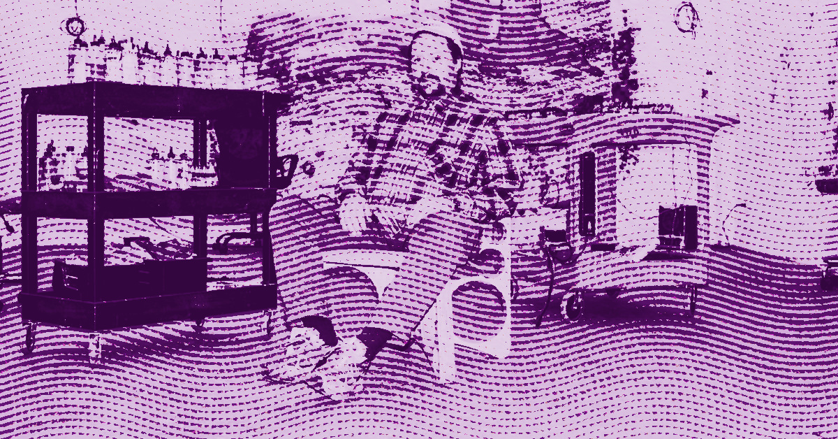 Sayre Gomez in a plaid shirt sits on a chair in a room with shelves and a fireplace; the image is stylized with purple tones and a dotted halftone pattern. © Illustration by ArtCritic.