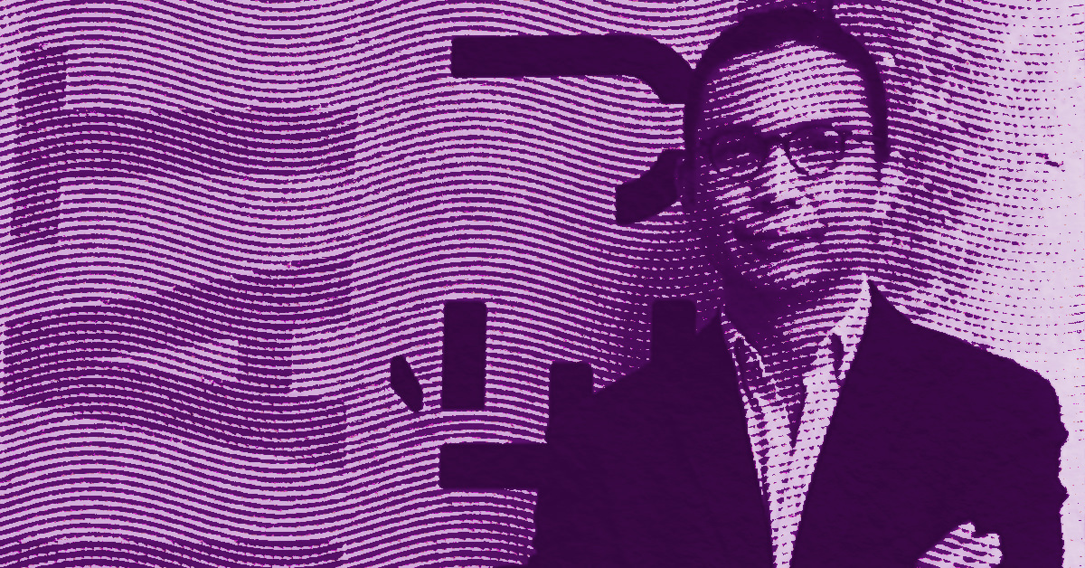 Natee Utarit in a suit stands in front of a large graphic design, with the image rendered in purple tones and wavy lines creating a textured effect across the entire scene. © Illustration by ArtCritic.