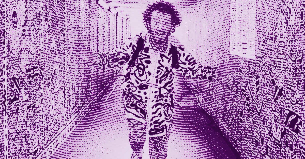 Mr Doodle with curly hair stands in a hallway covered in intricate, graffiti-like patterns. The entire image is tinted purple, giving it a stylized, artistic effect. © Illustration by ArtCritic.