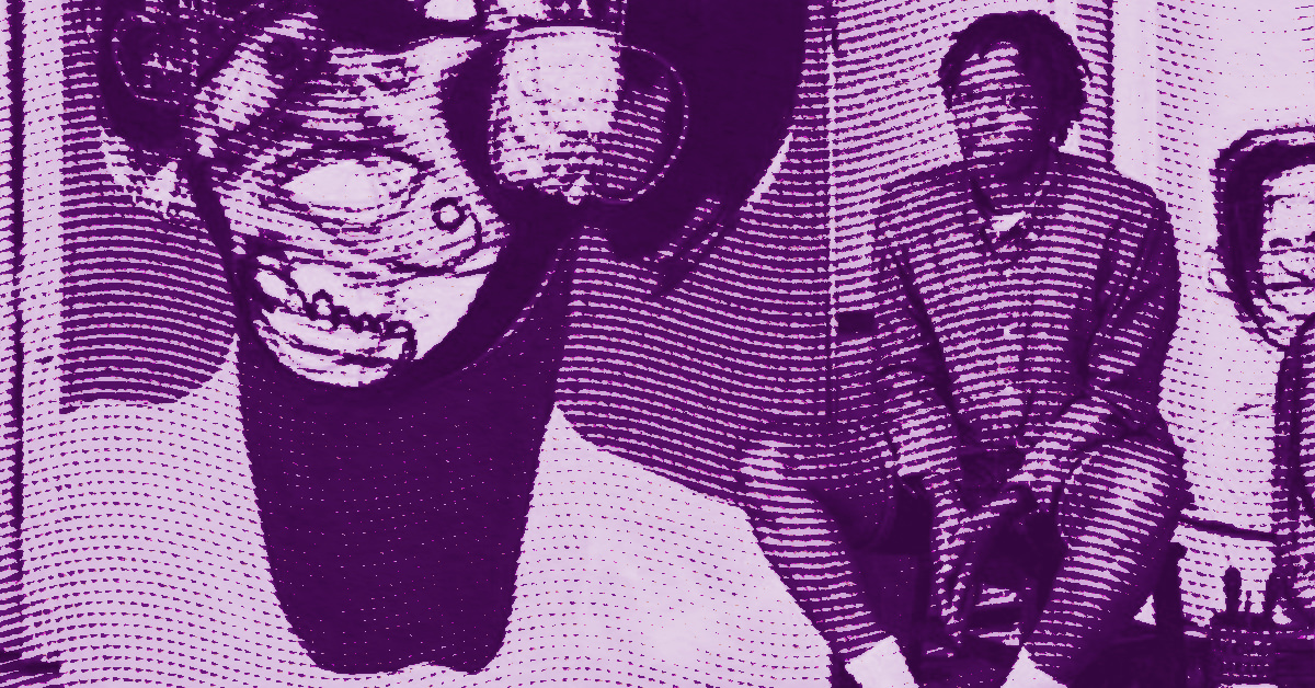 A purple-toned, abstract image featuring Genesis Tramaine sitting on a chair and a large, upside-down face with exaggerated features. The image is overlaid with a dotted, halftone pattern. © Illustration by ArtCritic.