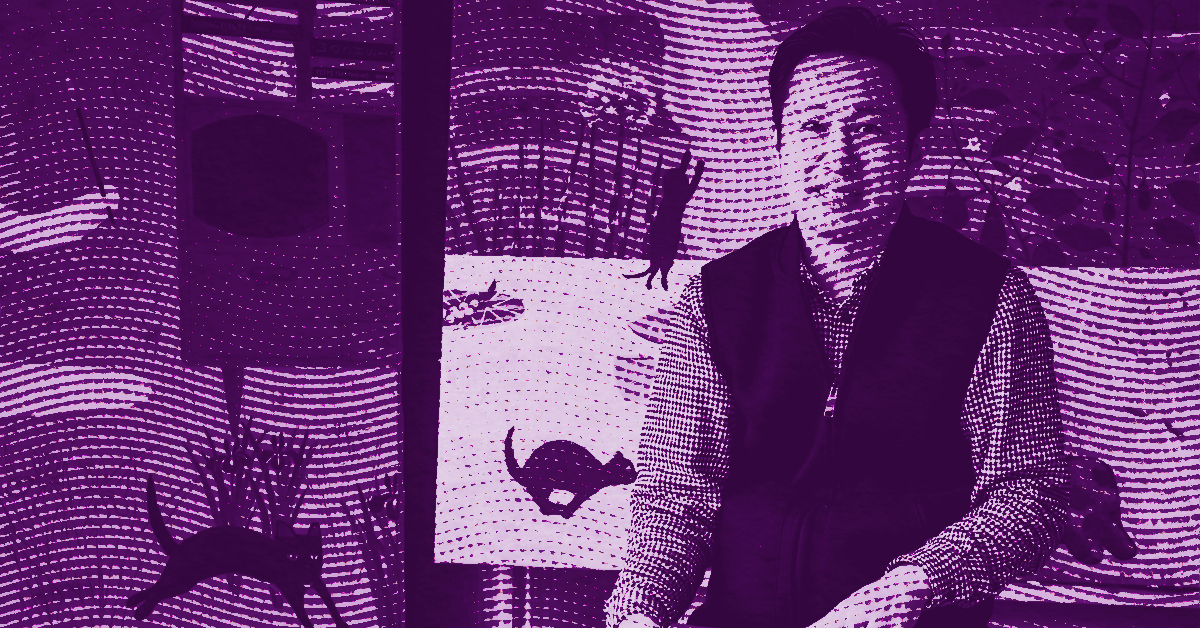 Atsushi Kaga stands in front of a wall decorated with images of cats and plants. The image is heavily filtered in shades of purple, with a dot and wave pattern overlaying the scene. © Illustration by ArtCritic.
