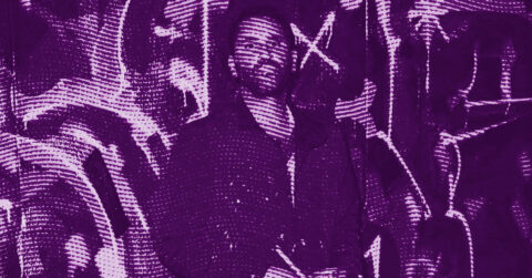 An image in shades of purple shows RETNA standing in front of an abstract, textured background, with dotted and wavy patterns blending around the figure. © Illustration by ArtCritic.