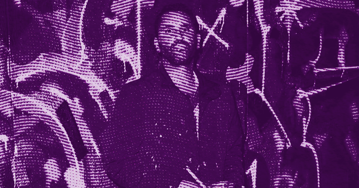 An image in shades of purple shows RETNA standing in front of an abstract, textured background, with dotted and wavy patterns blending around the figure. © Illustration by ArtCritic.