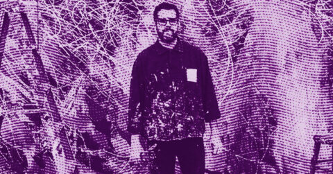 José Parla stands in front of a vibrant, abstract background filled with swirling lines and textures. The entire image is tinted purple, creating a bold, artistic effect. © Illustration by ArtCritic.