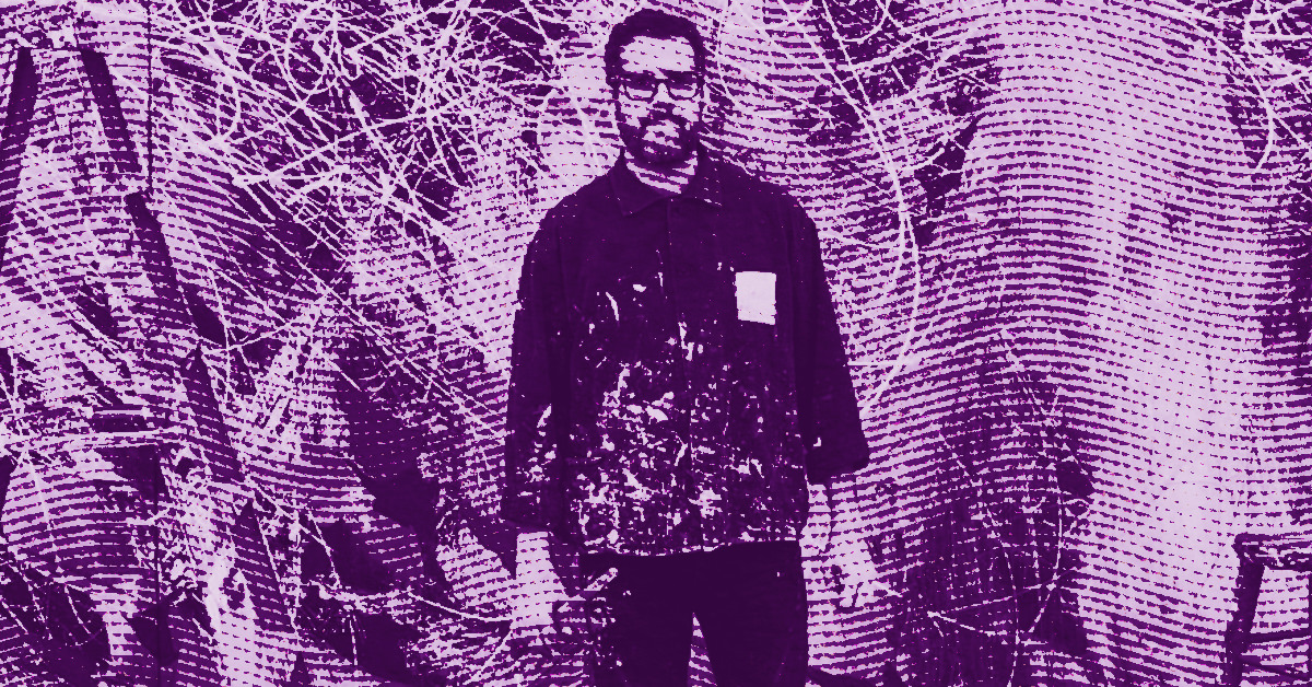 José Parla stands in front of a vibrant, abstract background filled with swirling lines and textures. The entire image is tinted purple, creating a bold, artistic effect. © Illustration by ArtCritic.