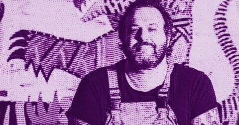 Jordy Kerwick in overalls smiles while standing in front of a patterned background with large abstract leaf shapes. The image has a purple monochrome filter and a dotted, textured effect. © Illustration by ArtCritic.