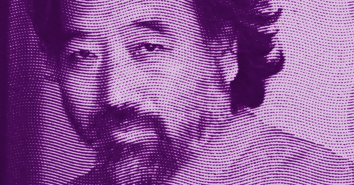 Artistic portrait of LIU Jingyun created with curved lines and dots in shades of purple, giving a textured and abstract effect. © Illustration by Art Critic.