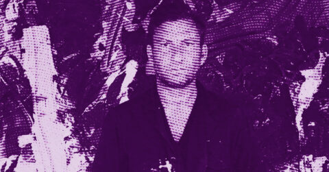 Jason Martin stands against an abstract background, the entire image rendered in shades of purple with a halftone pattern overlaying the scene. © Illustration by Art Critic.