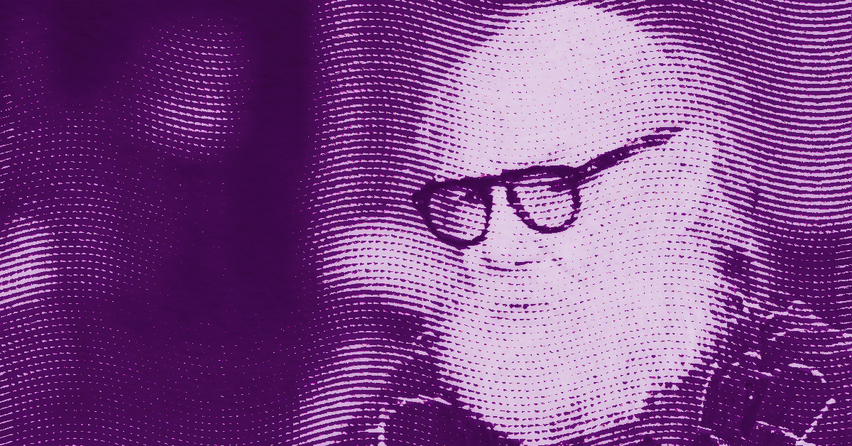 A stylized, purple-toned image of Paul McCarthy with a beard and glasses, created with a wavy dotted pattern effect. The face is partially faded into the background, giving an abstract appearance. © Illustration by Art Critic.