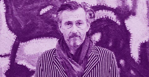 A stylized, purple-toned image of Gunter Damisch in a striped jacket, depicted with a halftone dot pattern. The background features abstract shapes, adding to the graphic effect. © Illustration by Art Critic.