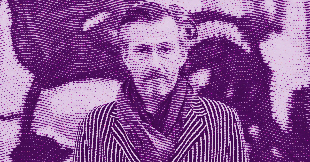 A stylized, purple-toned image of Gunter Damisch in a striped jacket, depicted with a halftone dot pattern. The background features abstract shapes, adding to the graphic effect. © Illustration by Art Critic.