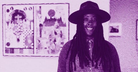 Nina Chanel Abney wearing a hat and long-sleeved shirt stands indoors, smiling, in front of two abstract artworks on a wall. The image is filtered in purple with a dotted, halftone effect. © Illustration by Art Critic.