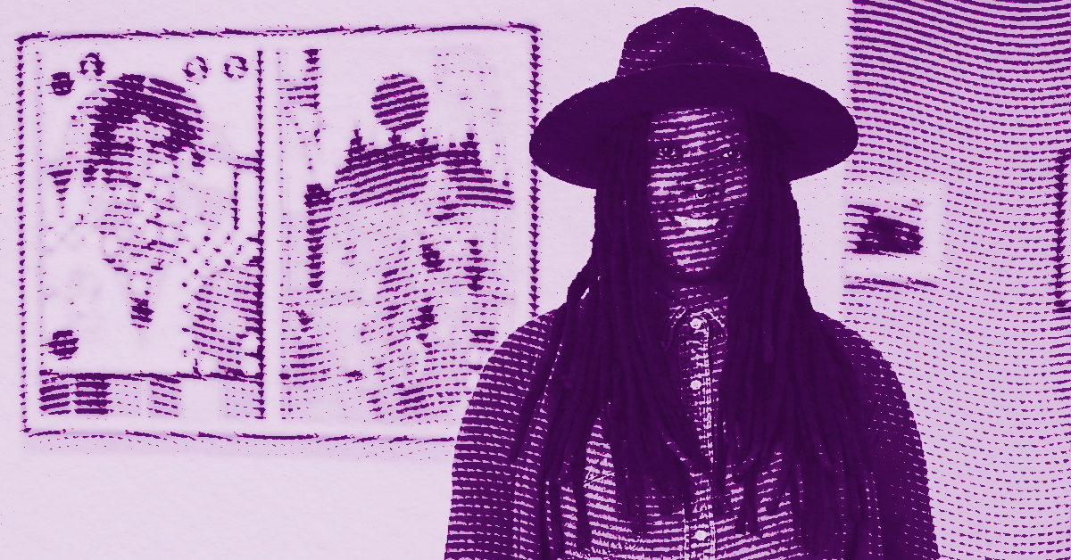 Nina Chanel Abney wearing a hat and long-sleeved shirt stands indoors, smiling, in front of two abstract artworks on a wall. The image is filtered in purple with a dotted, halftone effect. © Illustration by Art Critic.