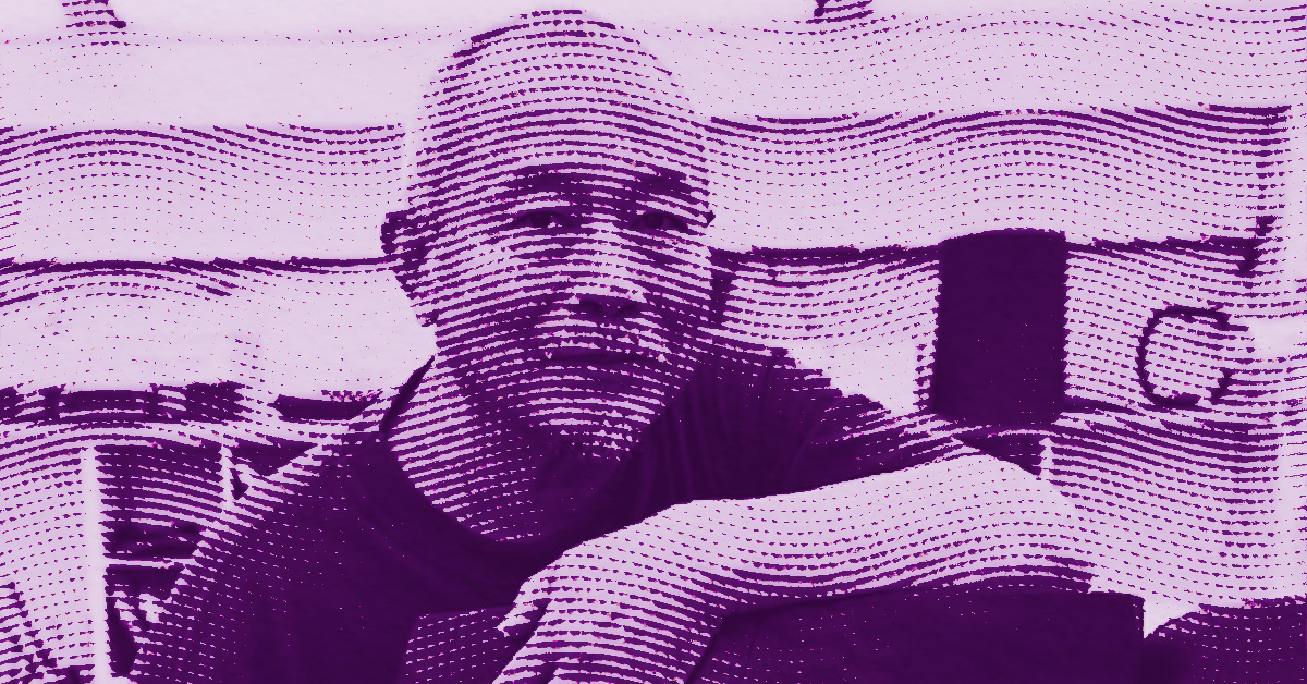 A halftone-style image of Wang Keping smiling, rendered in shades of purple. Wang Keping appears to be sitting with one arm resting on a surface, and there are abstract patterns and background shapes behind him. © Illustration by Art Critic.