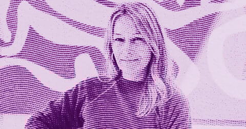 A stylized purple-toned image of Sarah Crowner, smiling and standing in front of an abstract, wavy patterned background made of curved lines. The image has a halftone effect. © Illustration by Art Critic.
