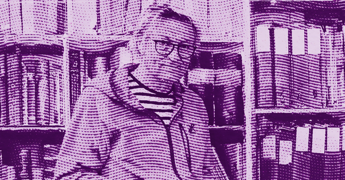 A stylized, purple-toned image of Lars Lerin wearing glasses and a striped shirt, standing in front of bookshelves filled with books and folders. The image has a textured, halftone pattern effect. © Illustration by Art Critic.