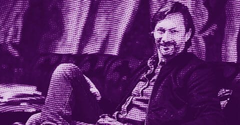 Anselm Reyle sits casually with one leg crossed over the other, wearing a jacket and shirt. The image is heavily stylized in purple tones with a halftone pattern overlay. The background features wavy, abstract lines. © Illustration by Art Critic.