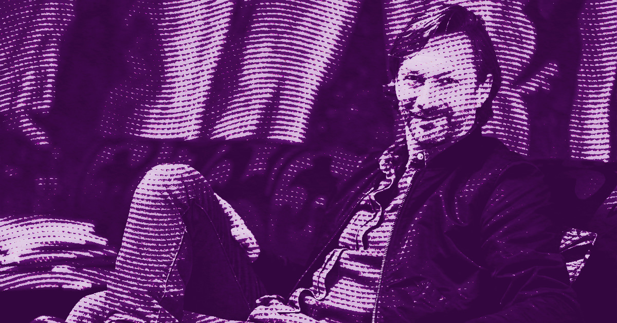 Anselm Reyle sits casually with one leg crossed over the other, wearing a jacket and shirt. The image is heavily stylized in purple tones with a halftone pattern overlay. The background features wavy, abstract lines. © Illustration by Art Critic.