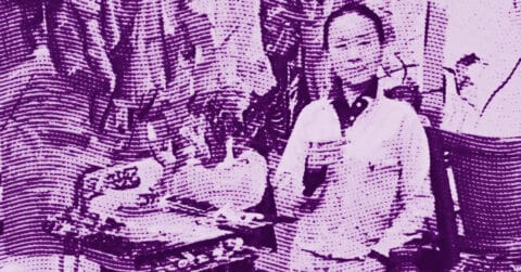 Yan Ping in front of a table holding a cup, with plates and bowls in front of her. The image is heavily stylized in purple tones with a halftone pattern, giving it a textured, abstract look. © Illustration by Art Critic.