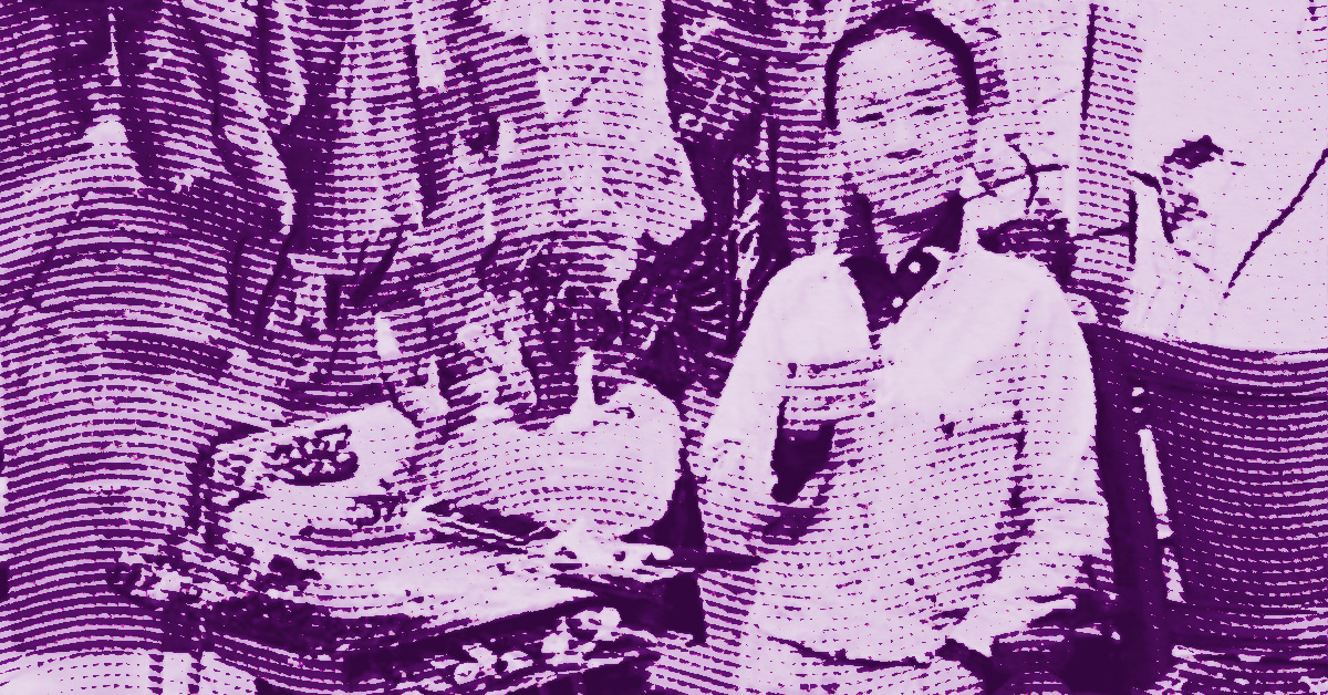 Yan Ping in front of a table holding a cup, with plates and bowls in front of her. The image is heavily stylized in purple tones with a halftone pattern, giving it a textured, abstract look. © Illustration by Art Critic.