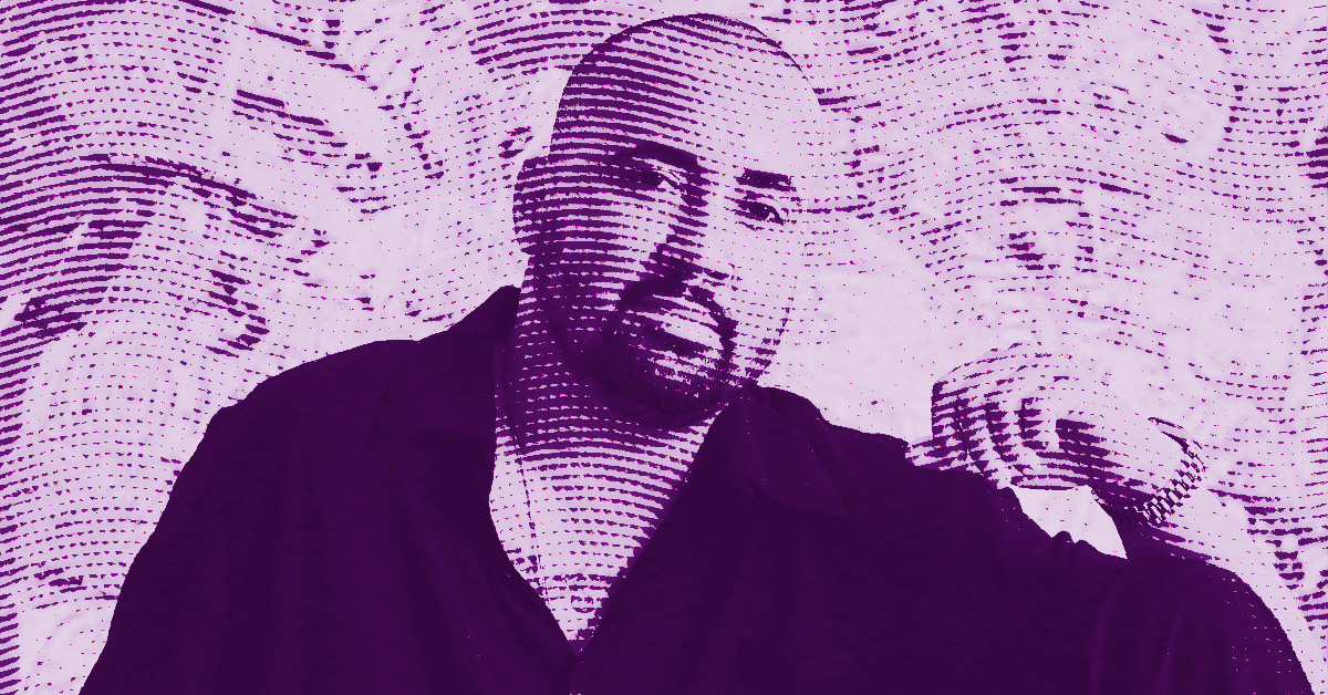 A stylized, purple-toned image of Angel Otero with a shaved head and beard, wearing a dark shirt, with a dotted halftone effect over the image and an abstract background. © Illustration by Art Critic.