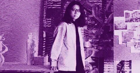 CUI Jie with shoulder-length hair and glasses stands indoors, wearing a light-colored jacket. The image is stylized with a purple filter and wavy lines, giving it a textured, graphic art effect. © Illustration by Art Critic.