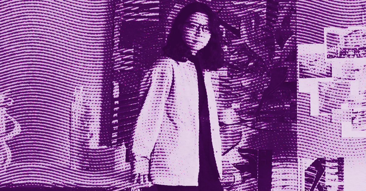 CUI Jie with shoulder-length hair and glasses stands indoors, wearing a light-colored jacket. The image is stylized with a purple filter and wavy lines, giving it a textured, graphic art effect. © Illustration by Art Critic.