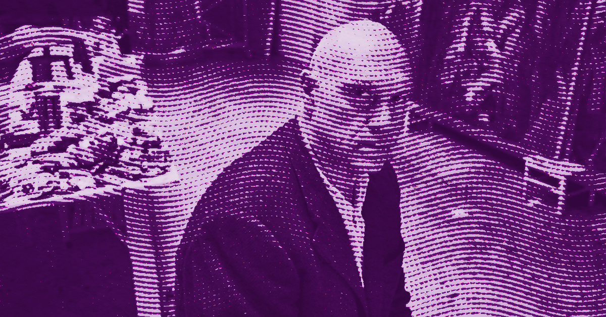 Sandro Chia in a suit sits at a table in a room, looking forward. The image has a purple tint with a dotted, stylized texture overlay, giving it an abstract, artistic appearance. © Illustration by Art Critic.