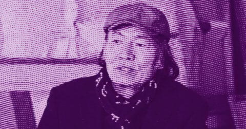 CHAO Ge wearing a cap and scarf is seated, looking slightly to the side. The image is filtered with a purple hue and overlaid with dotted lines creating a textured pattern. © Illustration by Art Critic.