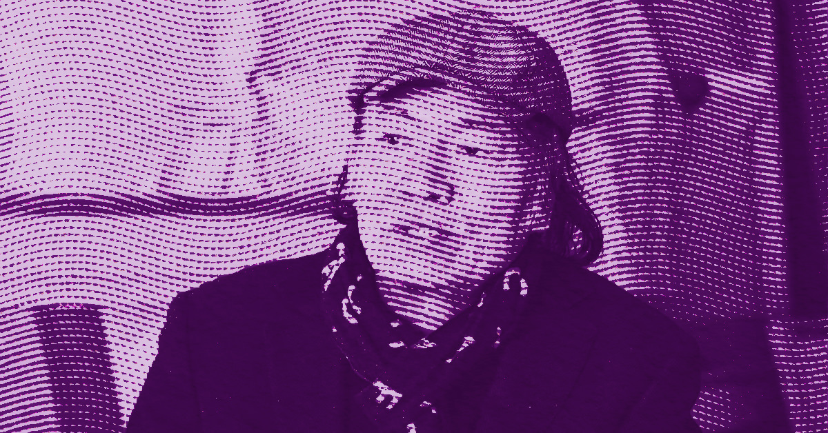 CHAO Ge wearing a cap and scarf is seated, looking slightly to the side. The image is filtered with a purple hue and overlaid with dotted lines creating a textured pattern. © Illustration by Art Critic.