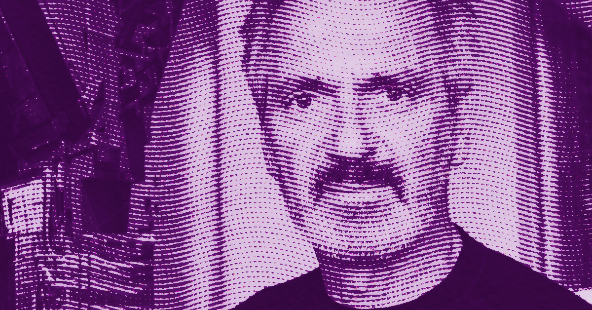 A stylized, purple-toned image of Thomas Struth, created with halftone dot patterns. The background and his shirt are also rendered in shades of purple. © Illustration by Art Critic.
