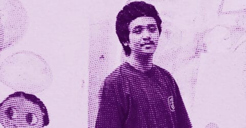 Roby Dwi Antono with short, curly hair and a dark shirt stands smiling. The image uses a purple halftone effect, creating a stylized, graphic look. Background details are abstract and indistinct. © Illustration by Art Critic.