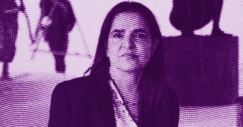 Bharti Kher stands in the foreground, facing the camera. The image uses a purple halftone effect, and blurred figures are visible in the background, suggesting a professional setting. © Illustration by Art Critic.