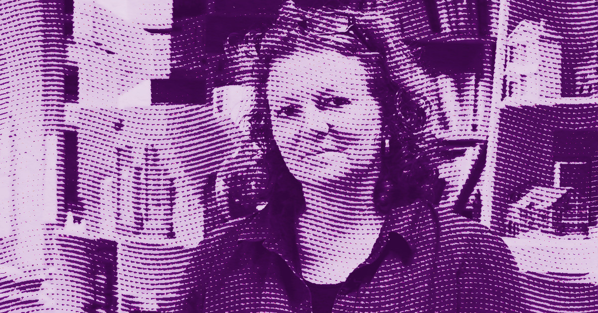 Rachel Whiteread stands in front of bookshelves. The image has a purple halftone effect, with circular patterns and high contrast, giving it a stylized, artistic appearance. © Illustration by Art Critic.