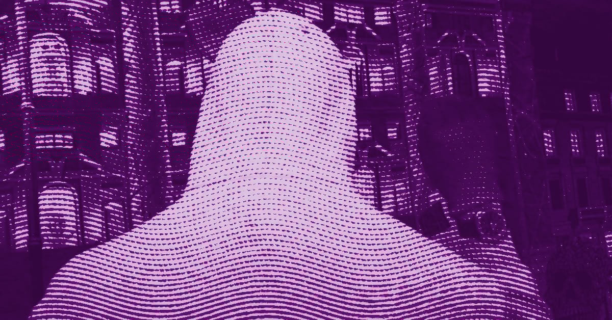 A stylized, abstract figure made of horizontal lines and dots, appearing the artist Gully, stands against a backdrop of ornate architecture, all rendered in shades of purple. © Illustration by Art Critic.
