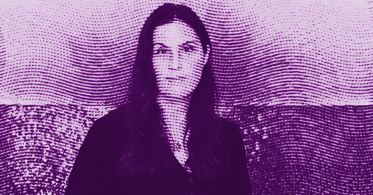 Jennifer Guidi stands against a wavy, textured background. The image is heavily filtered with a purple and magenta duotone effect and a dotted halftone pattern overlay. © Illustration by Art Critic.