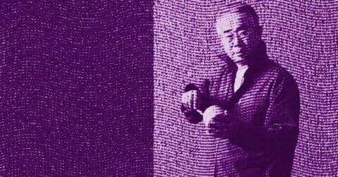 Kim Tae-Ho in a jacket stands against a textured, patterned background, holding a round object. The image is filtered with a purple hue and wavy dotted lines cover the entire scene, creating a surreal, stylized effect. © Illustration by Art Critic.