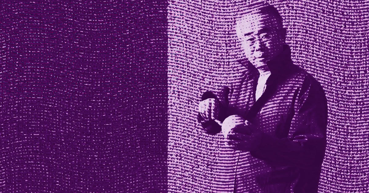 Kim Tae-Ho in a jacket stands against a textured, patterned background, holding a round object. The image is filtered with a purple hue and wavy dotted lines cover the entire scene, creating a surreal, stylized effect. © Illustration by Art Critic.