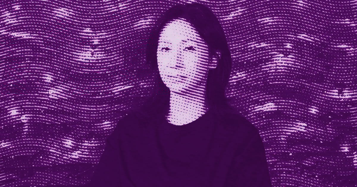 A stylized, purple-toned portrait of Young-Ju JOUNG with long hair, facing forward, with a patterned, wavy dot background. The image uses a halftone effect and high contrast. © Illustration by Art Critic.