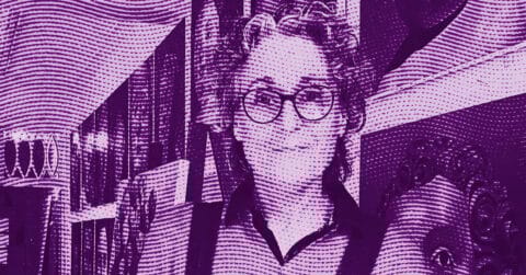 A stylized purple-toned image of Karin Kneffel with glasses and wavy hair, smiling in front of a background with bookshelves and various objects, with a wavy, patterned texture overlay. © Illustration by Art Critic.