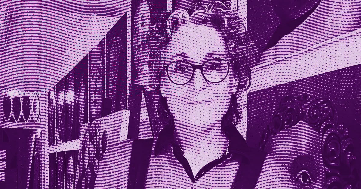 A stylized purple-toned image of Karin Kneffel with glasses and wavy hair, smiling in front of a background with bookshelves and various objects, with a wavy, patterned texture overlay. © Illustration by Art Critic.