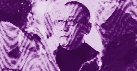 A stylized, purple-tinted image of Zhan Wang with glasses and a serious expression, created using a dotted patterned effect. The background shows abstract, blurred shapes and other partially visible figures. © Illustration by Art Critic.
