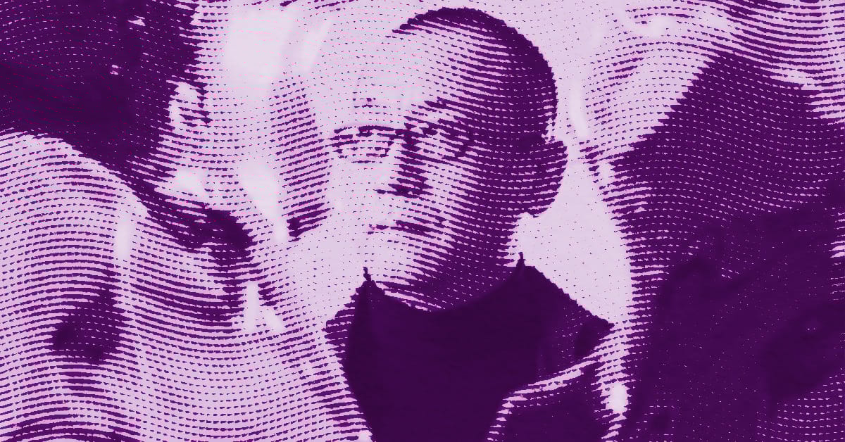 A stylized, purple-tinted image of Zhan Wang with glasses and a serious expression, created using a dotted patterned effect. The background shows abstract, blurred shapes and other partially visible figures. © Illustration by Art Critic.