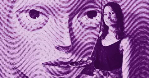 Tania Marmolejo stands in front of a large, stylized face illustration with dotted patterns, all in shades of purple. The faces features are oversized and abstract, blending with the background and the woman. © Illustration by Art Critic.