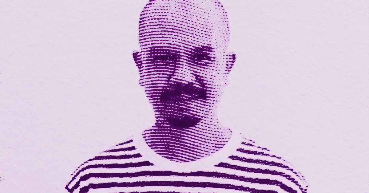 A stylized, purple-toned halftone image of Kitti Narod with a bald head, mustache, and goatee, wearing a striped shirt, smiling against a plain light background. © Illustration by Art Critic.