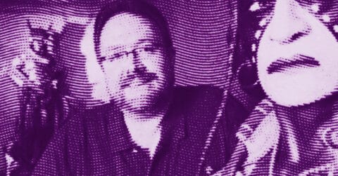 A stylized, purple-toned image showing Dave McGary in the center, with a partial face of a sculpture on the right. The image features wavy, dotted lines throughout. © Illustration by Art Critic.