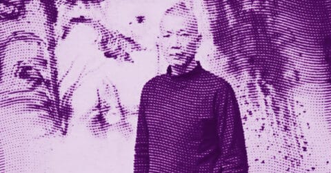 Cai Guo-Qiang stands facing the camera, surrounded by an abstract, purple-toned background with dotted patterns and blurred shapes. © Illustration by Art Critic.