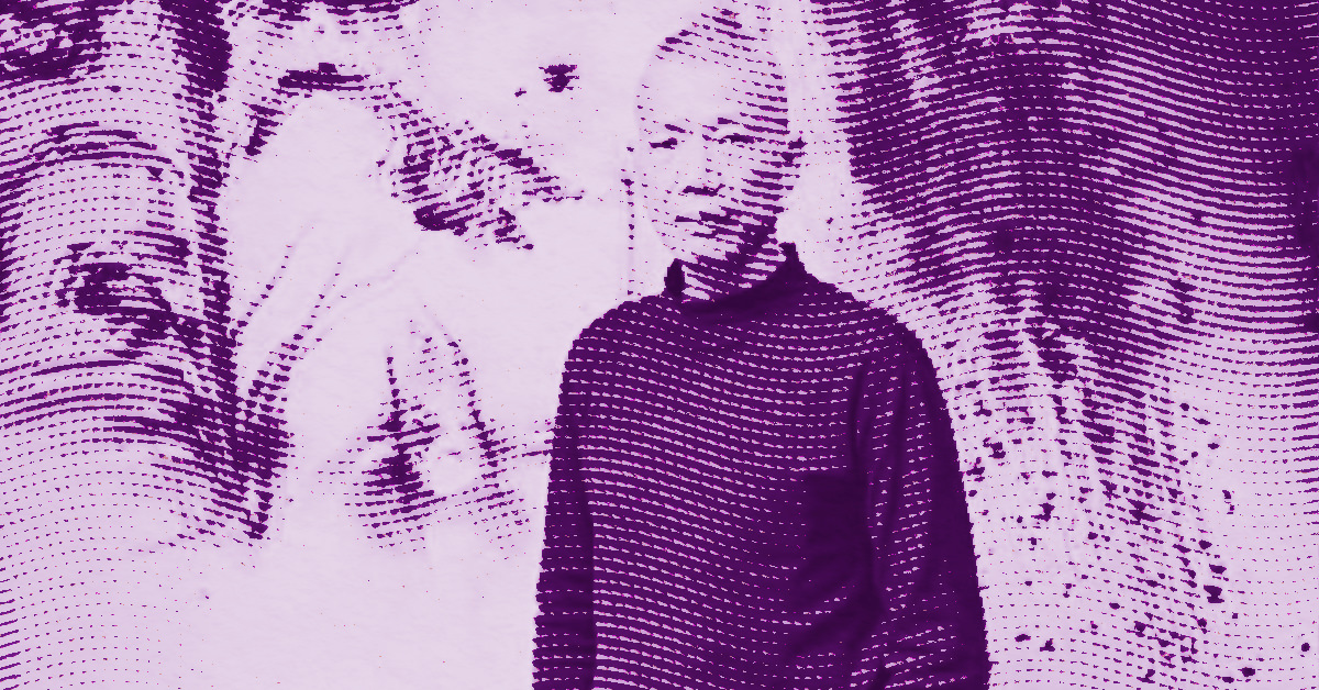 Cai Guo-Qiang stands facing the camera, surrounded by an abstract, purple-toned background with dotted patterns and blurred shapes. © Illustration by Art Critic.