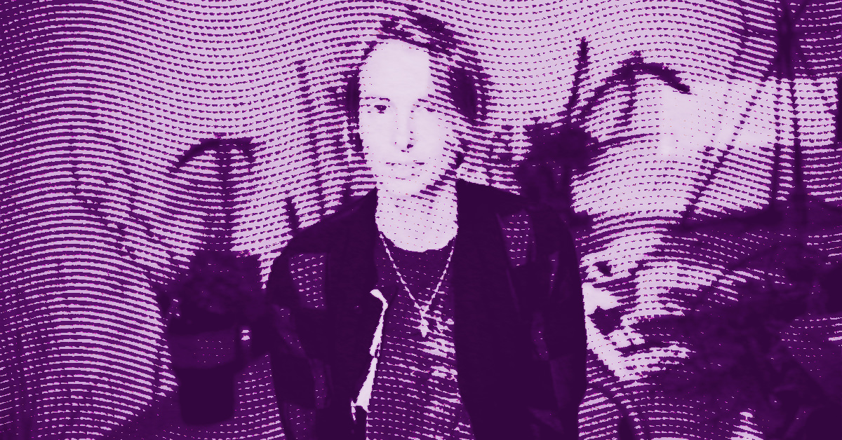 Camille Henrot sits indoors among potted plants. The image has a purple tint and is overlaid with a dotted, wavy pattern that distorts the details. © Illustration by Art Critic.